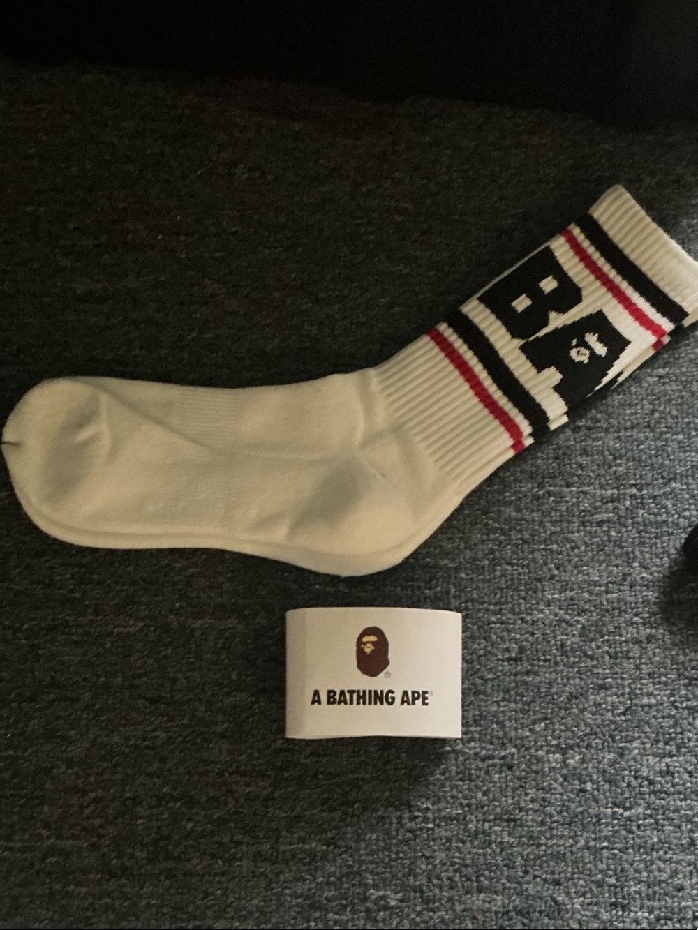 A Bathing Ape White Crew Socks with Black & Red Logo